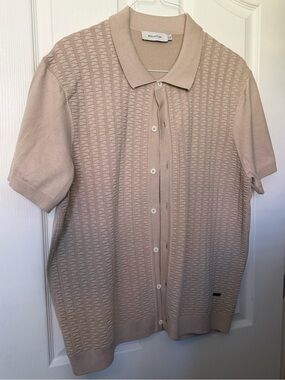Bugatchi Men's Short Sleeve Button-Up Knit Polo in Light Beige